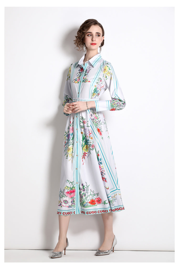 Printed Collared Shirt A-Line Midi Dress
