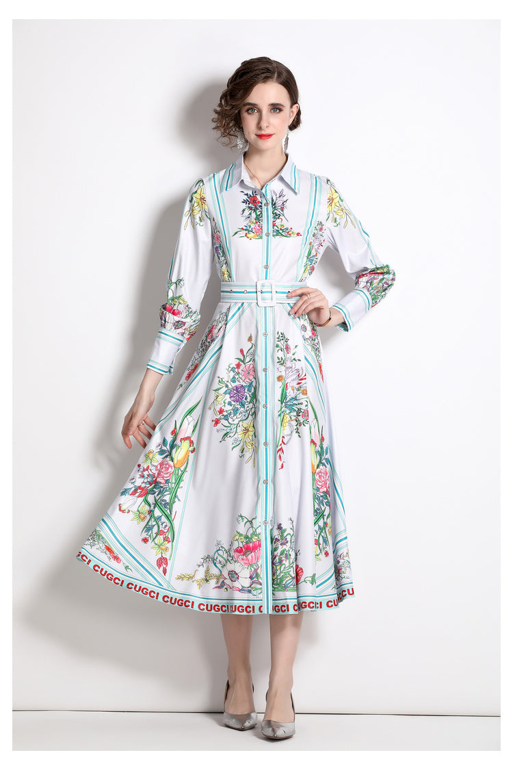 Printed Collared Shirt A-Line Midi Dress