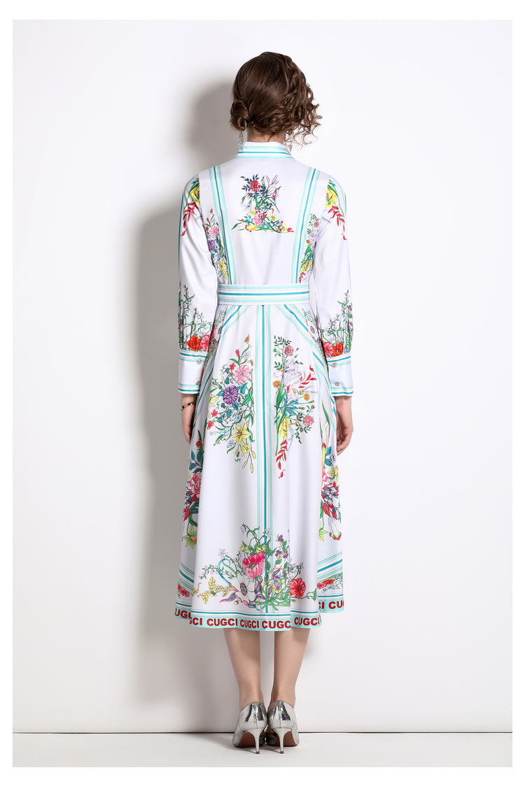 Printed Collared Shirt A-Line Midi Dress
