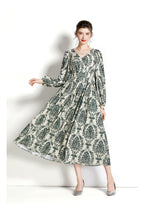 Long-Sleeve V-Neck Printed A-Line Dress