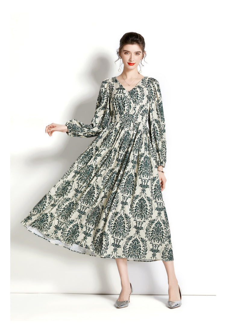Long-Sleeve V-Neck Printed A-Line Dress