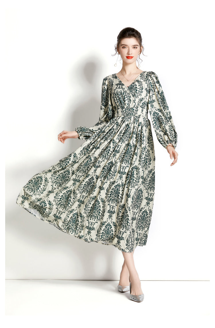 Long-Sleeve V-Neck Printed A-Line Dress