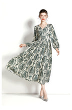 Long-Sleeve V-Neck Printed A-Line Dress