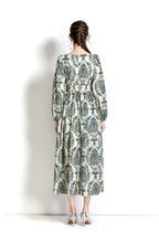 Long-Sleeve V-Neck Printed A-Line Dress
