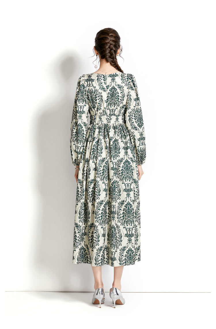Long-Sleeve V-Neck Printed A-Line Dress