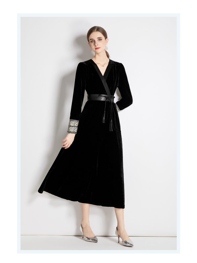 Fall Winter Long Sleeve V-Neck A-Line Midi Dress