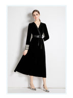 Fall Winter Long Sleeve V-Neck A-Line Midi Dress