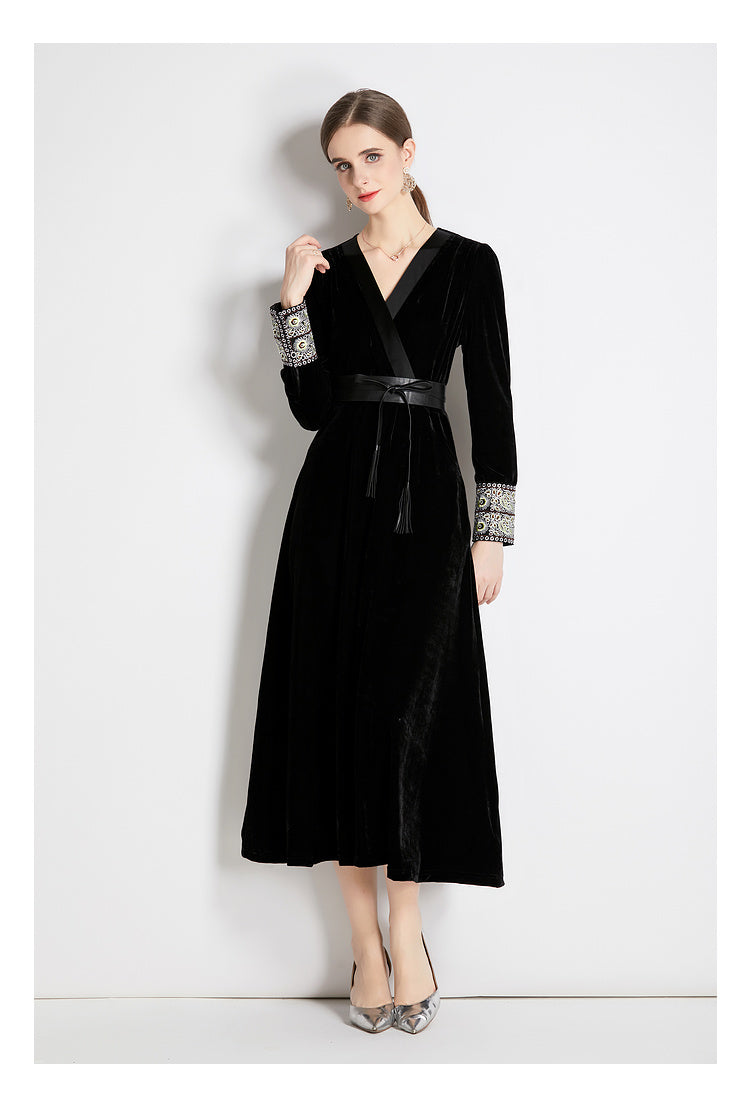 Fall Winter Long Sleeve V-Neck A-Line Midi Dress