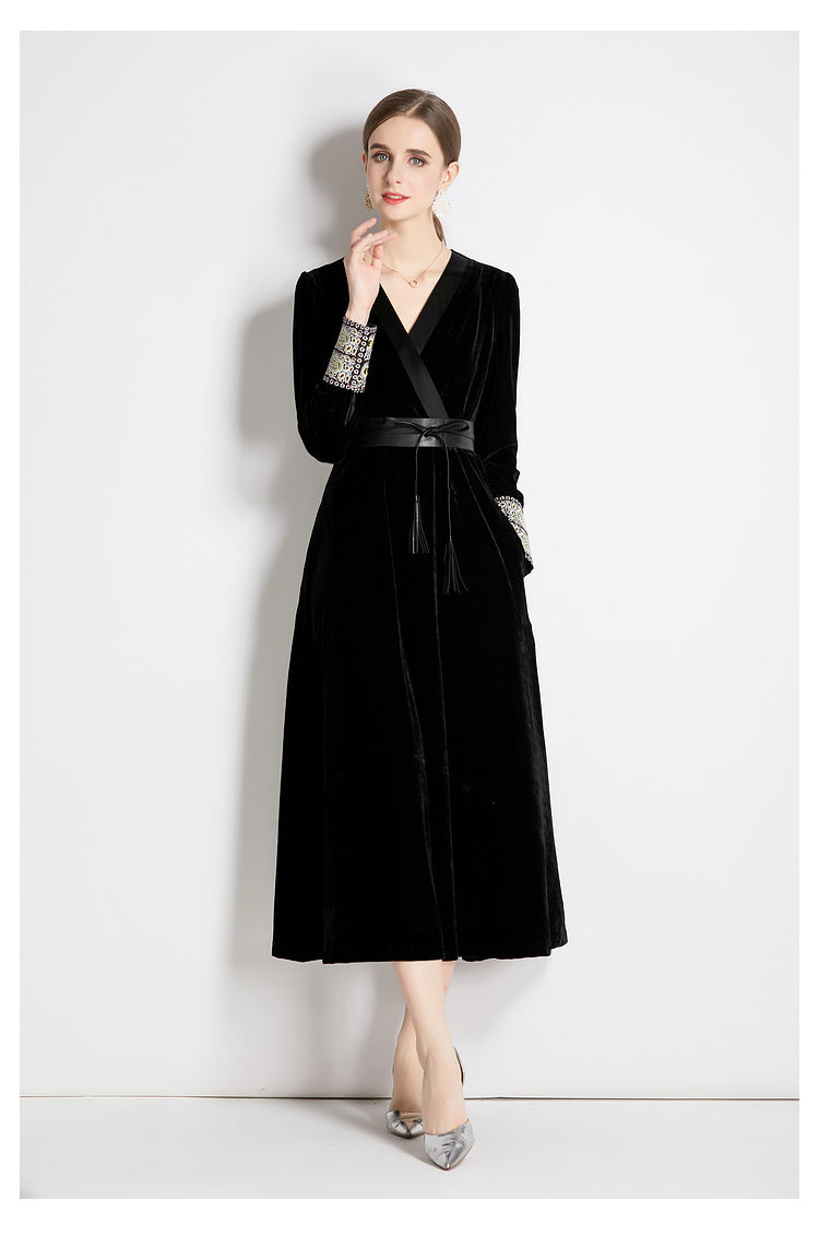 Fall Winter Long Sleeve V-Neck A-Line Midi Dress