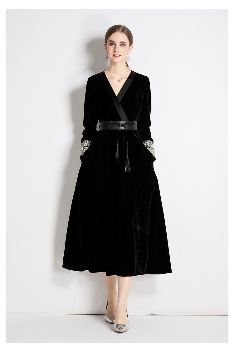 Fall Winter Long Sleeve V-Neck A-Line Midi Dress