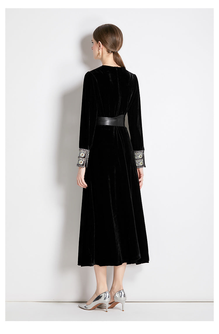 Fall Winter Long Sleeve V-Neck A-Line Midi Dress