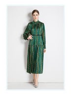 Spring Fall Belted Long-Sleeve A-Line Midi Dress