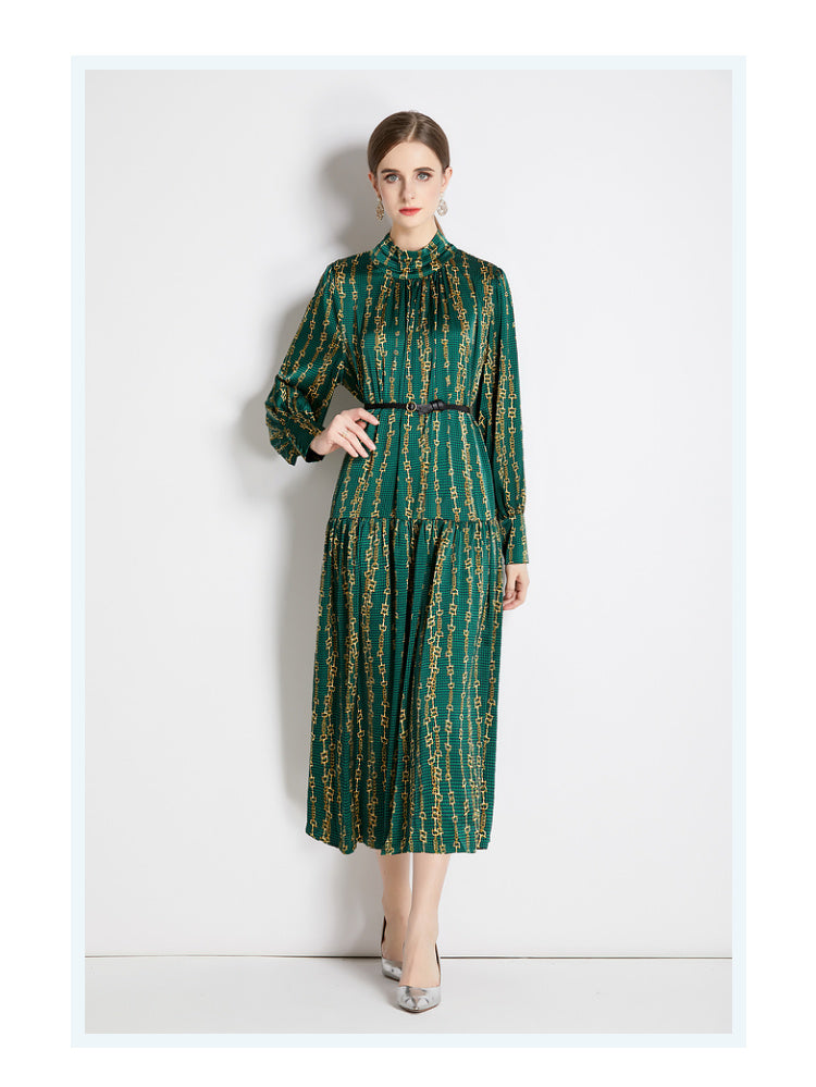 Spring Fall Belted Long-Sleeve A-Line Midi Dress