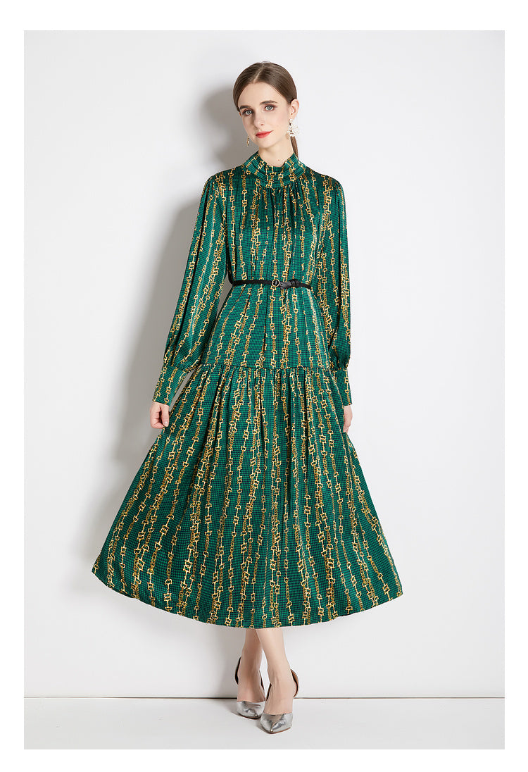 Spring Fall Belted Long-Sleeve A-Line Midi Dress