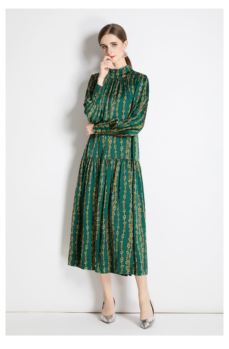 Spring Fall Belted Long-Sleeve A-Line Midi Dress