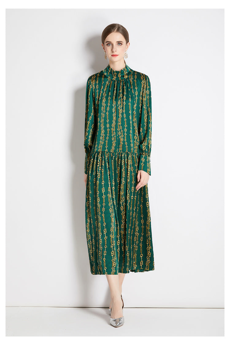Spring Fall Belted Long-Sleeve A-Line Midi Dress
