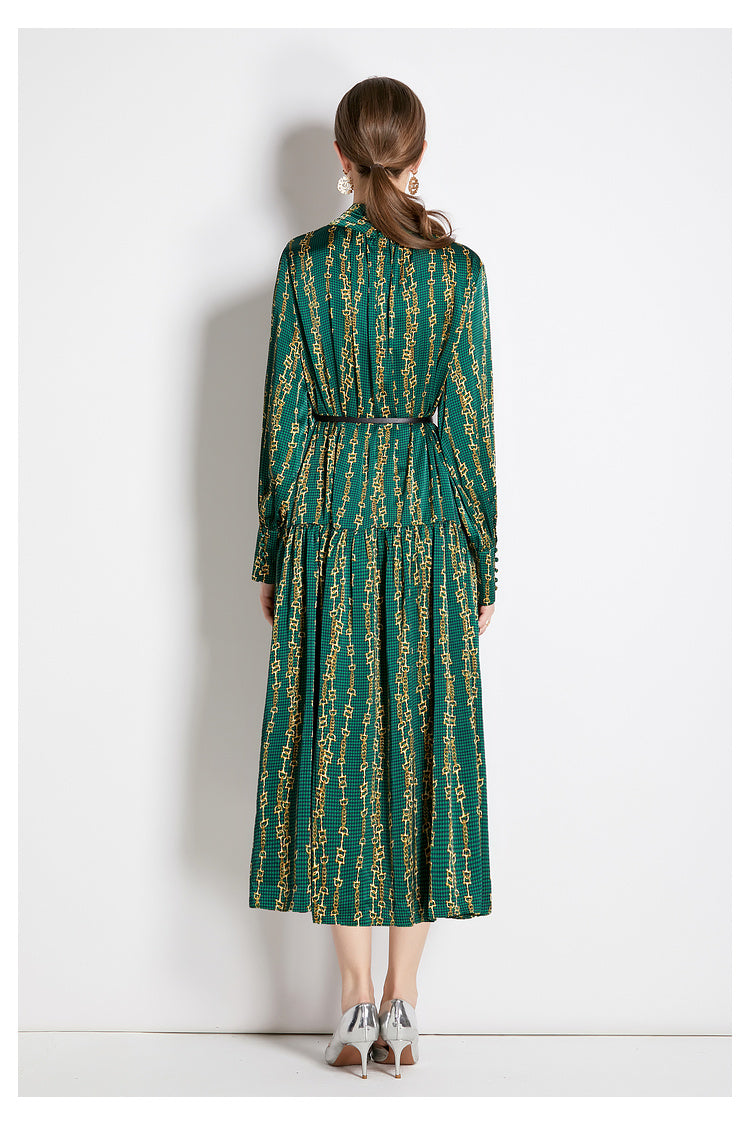 Spring Fall Belted Long-Sleeve A-Line Midi Dress