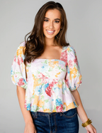 Women's Blogger Hundred Floral Puff Sleeve Back Elastic Printed Top