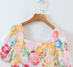 Women's Blogger Hundred Floral Puff Sleeve Back Elastic Printed Top