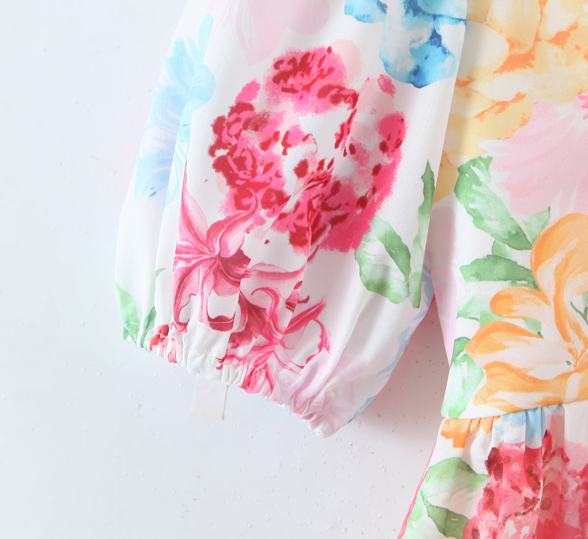 Women's Blogger Hundred Floral Puff Sleeve Back Elastic Printed Top