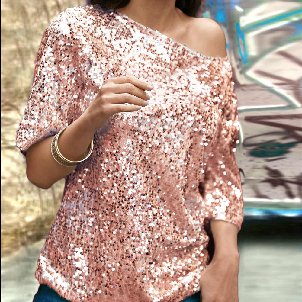 Women's Silver Sequin One-Shoulder Top