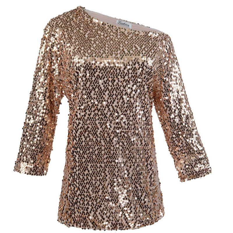 Women's Silver Sequin One-Shoulder Top