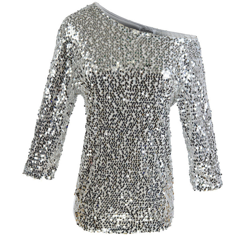 Women's Silver Sequin One-Shoulder Top