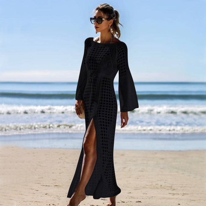 Black knit long-sleeve maxi dress with openwork pattern and high side slit