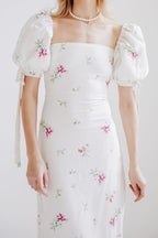 Floral Square-Neck Lace-Up Midi Dress