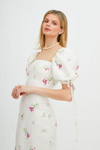 Floral Square-Neck Lace-Up Midi Dress