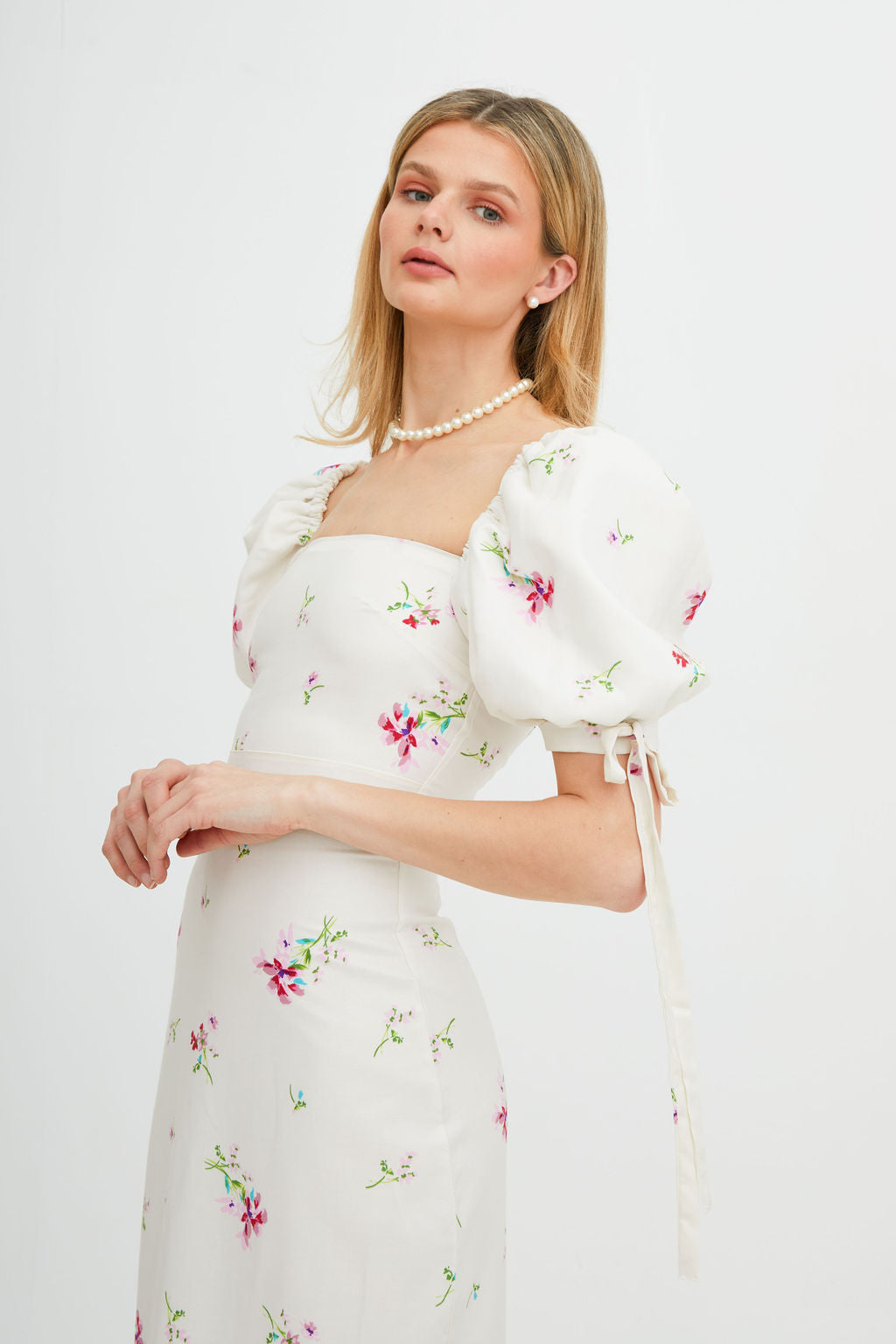 Floral Square-Neck Lace-Up Midi Dress
