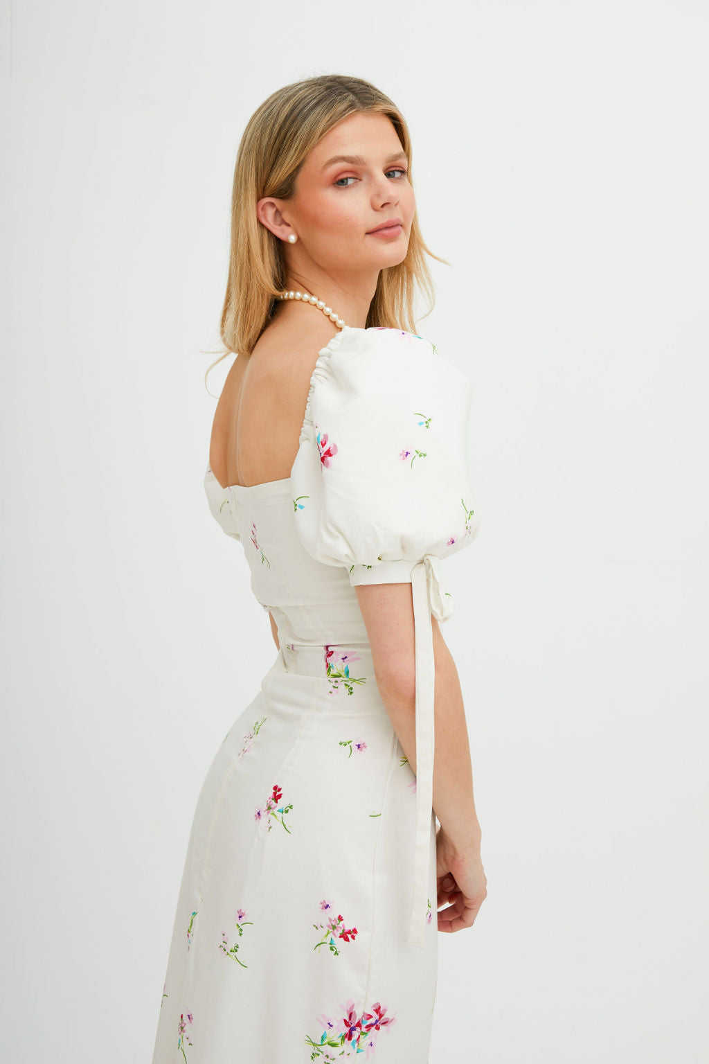 Floral Square-Neck Lace-Up Midi Dress