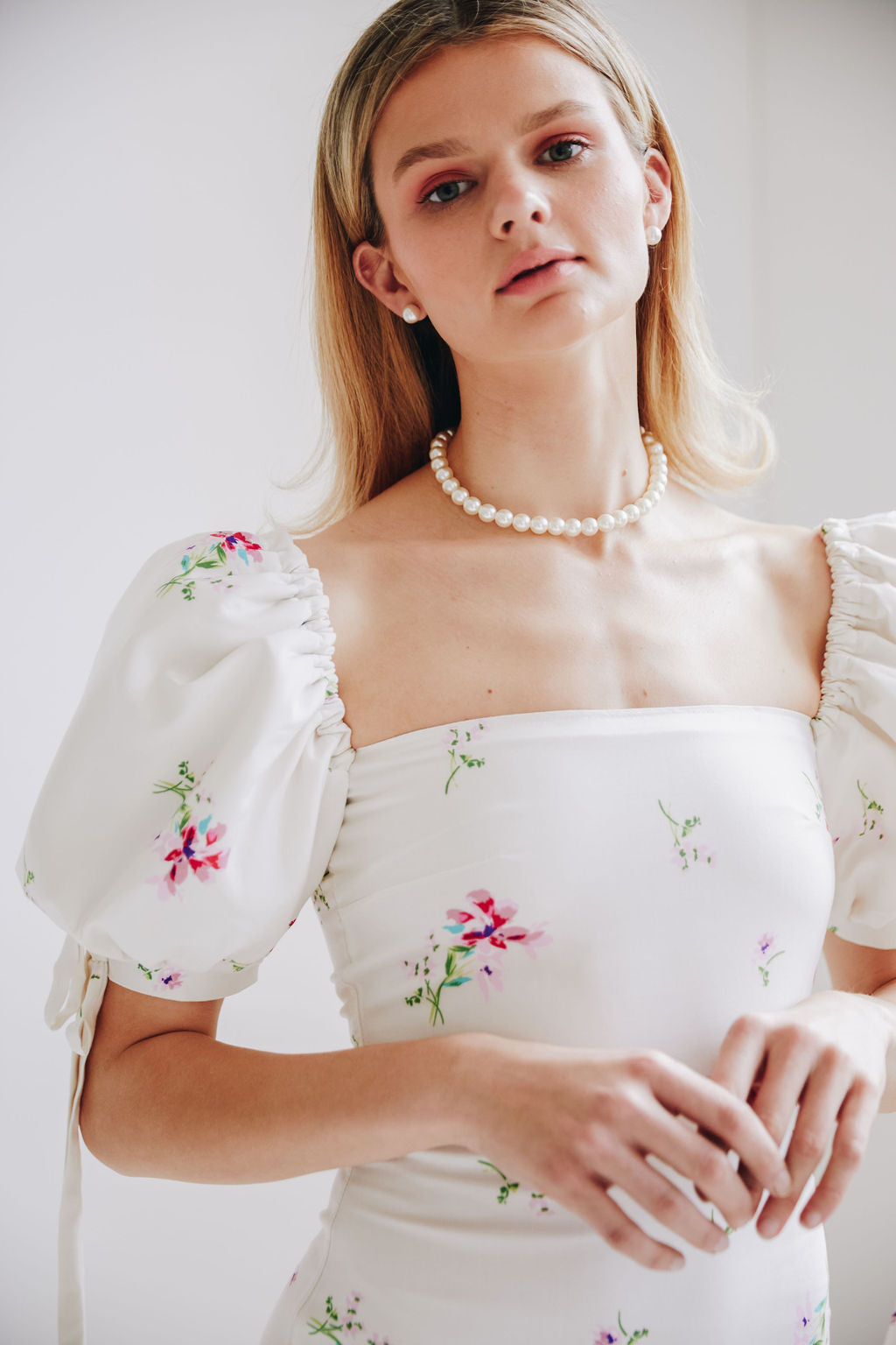 Floral Square-Neck Lace-Up Midi Dress