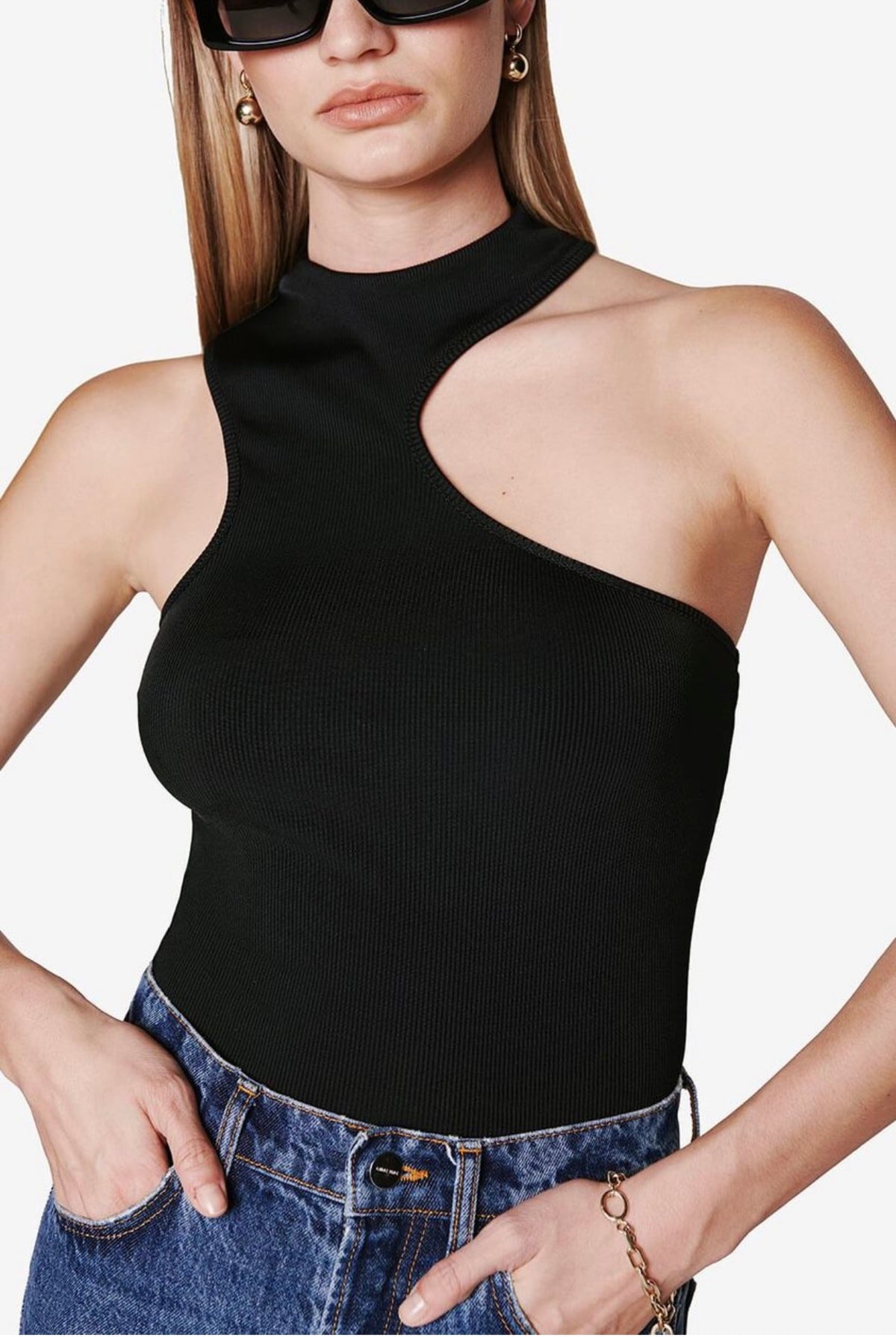 Women's Sexy Irregular Asymmetric Shoulder Digging Solid Color Vest Sexy Women Half Turtleneck Sleeveless Solid Color Top Sling