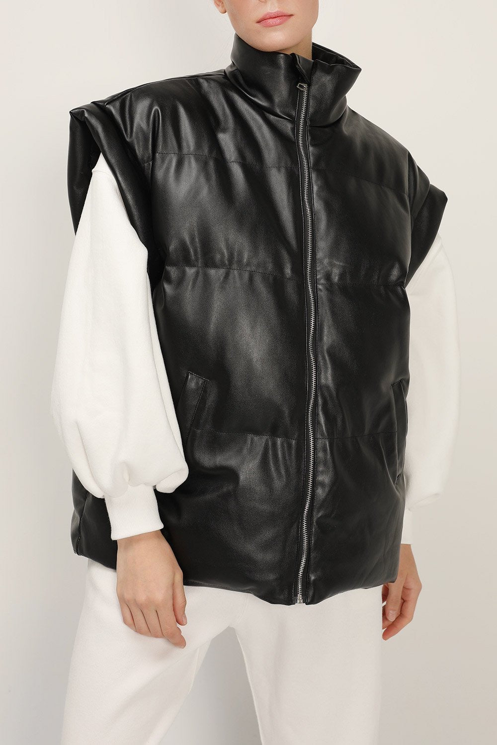 Women Autumn Winter Clothing Black with High Collar Sleeveless Bread Coat Faux Leather Vest Cotton Vest