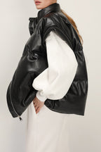 Women Autumn Winter Clothing Black with High Collar Sleeveless Bread Coat Faux Leather Vest Cotton Vest