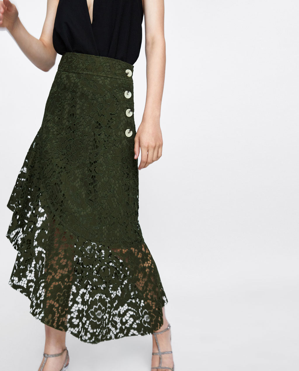 Autumn Green Chiffon Solid Color Asymmetric Office Skirt