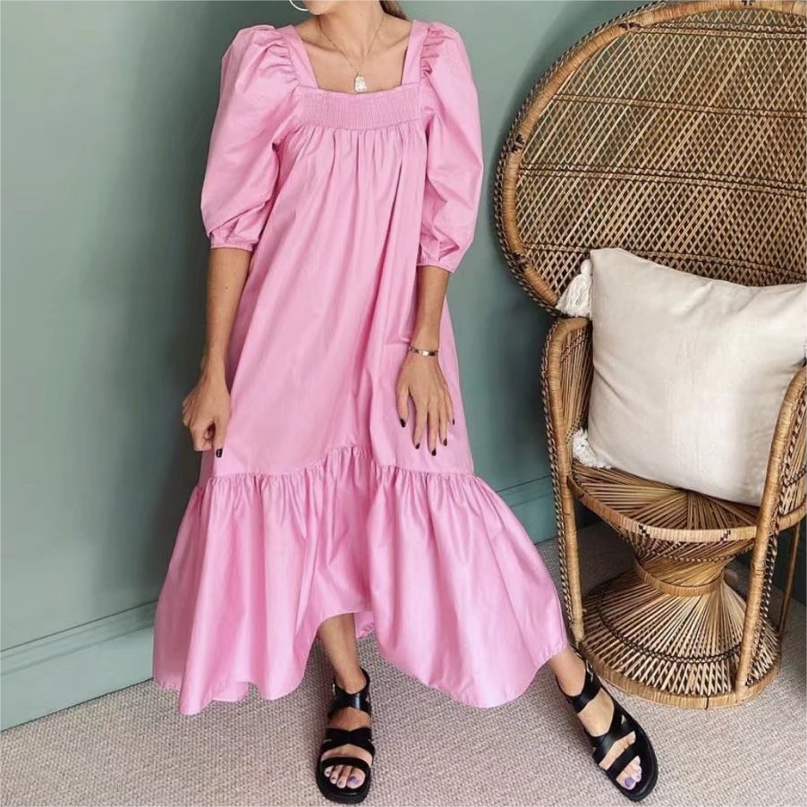 Autumn Loose Slimming Fluffy Puff Sleeve Solid Color Dress Women Dress