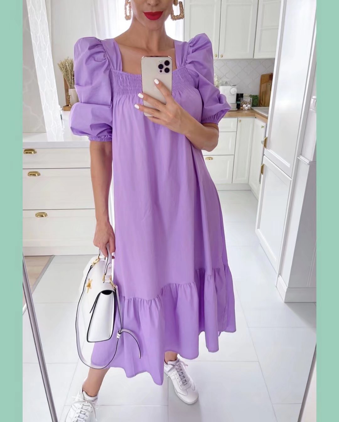 Autumn Loose Slimming Fluffy Puff Sleeve Solid Color Dress Women Dress