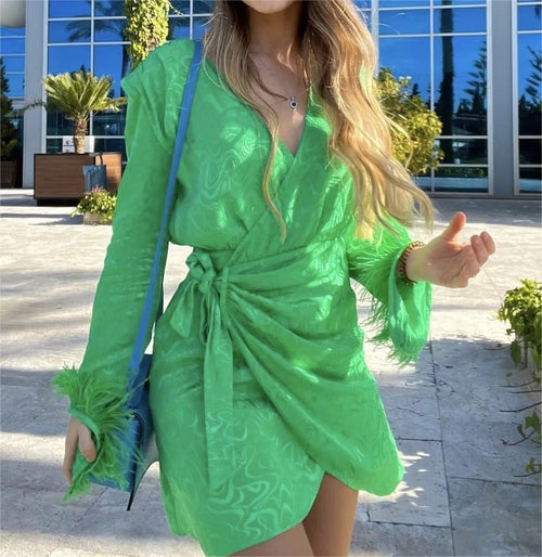 Women Clothing Jacquard Fabric Feather Sleeve Stomach Blanket Short Slim Dress