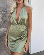 Women's Halter Satin Dress Fall Bandage Wrap Dress