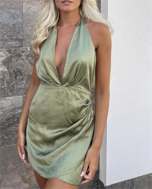 Halter Satin Dress Fall Women Clothing Bandage Wrap Dress