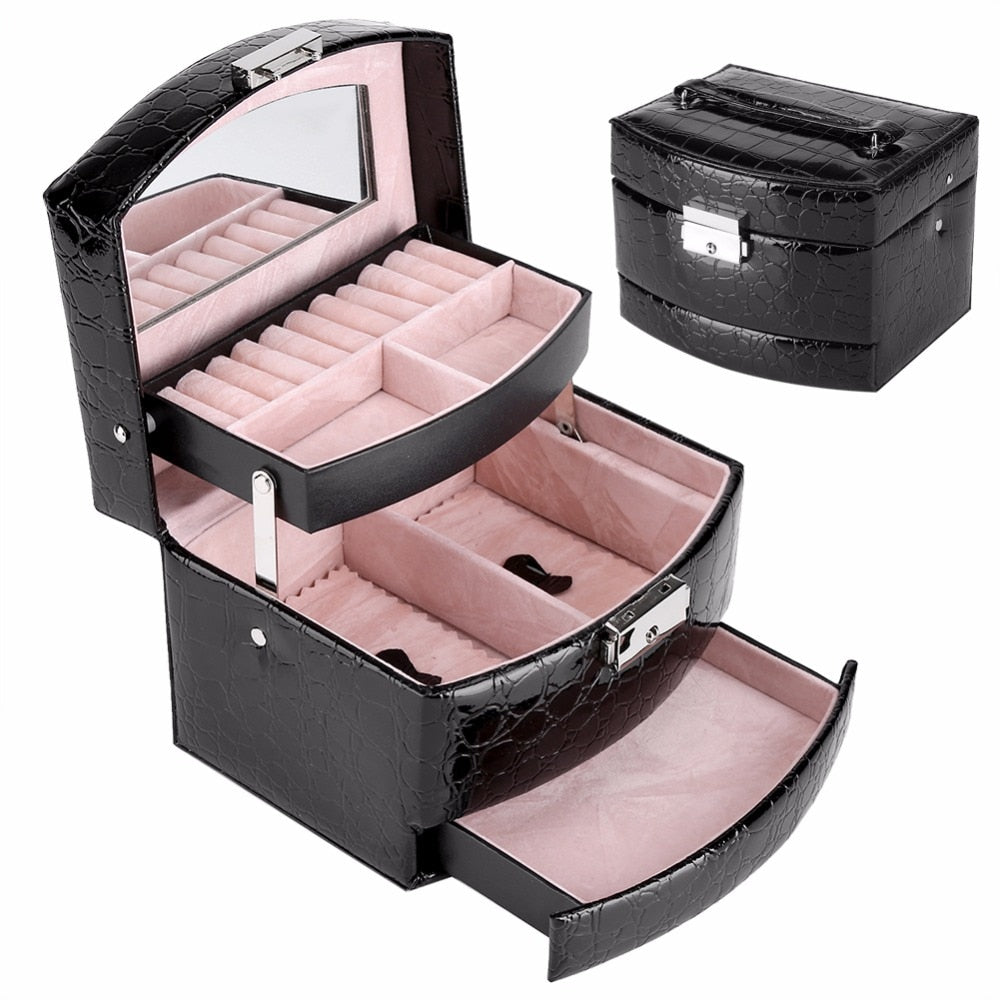 Three-layer jewelry organizer box with mirror