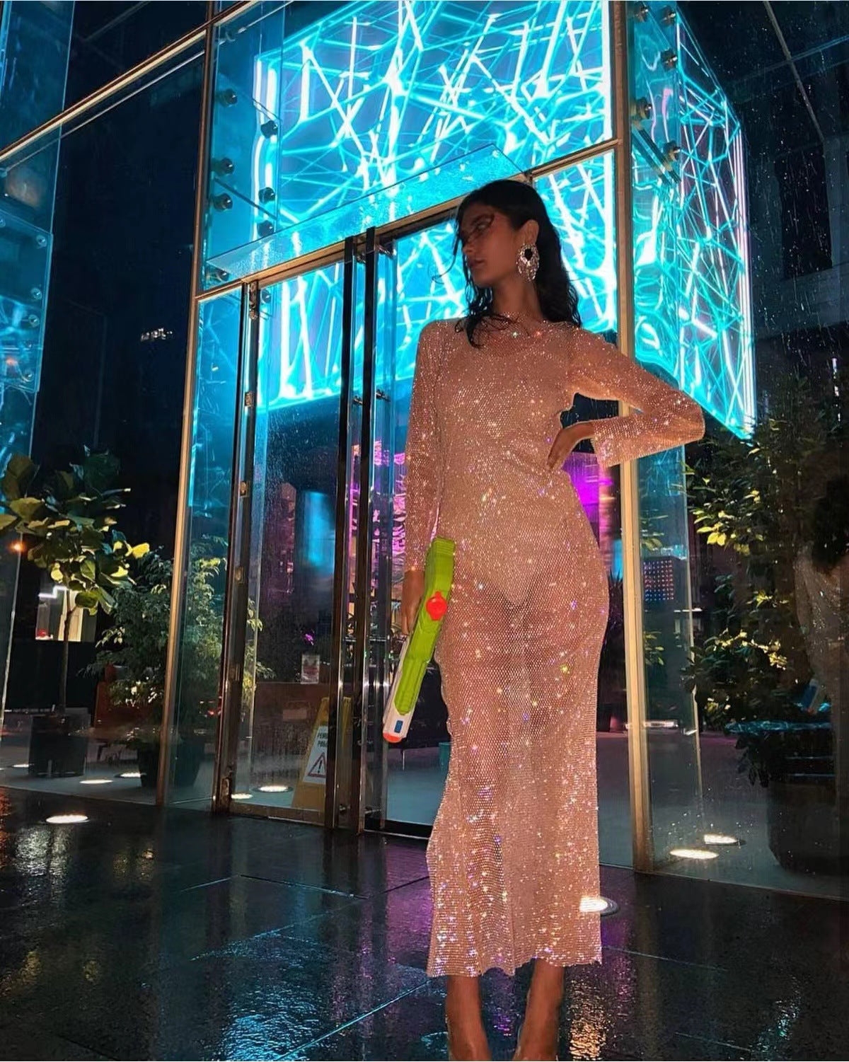 Women's Rhinestone-Embellished Mesh Maxi Dress