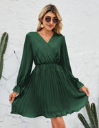 Wrap V-Neck Dress Casual Pleated Long Sleeve Mini Wedding