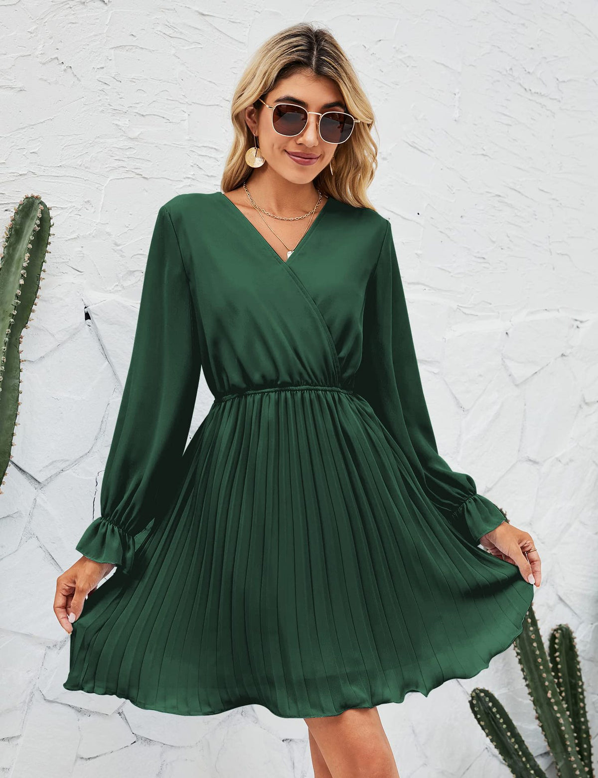 Wrap V-Neck Dress Casual Pleated Long Sleeve Mini Wedding