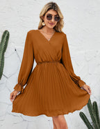 Wrap V-Neck Dress Casual Pleated Long Sleeve Mini Wedding