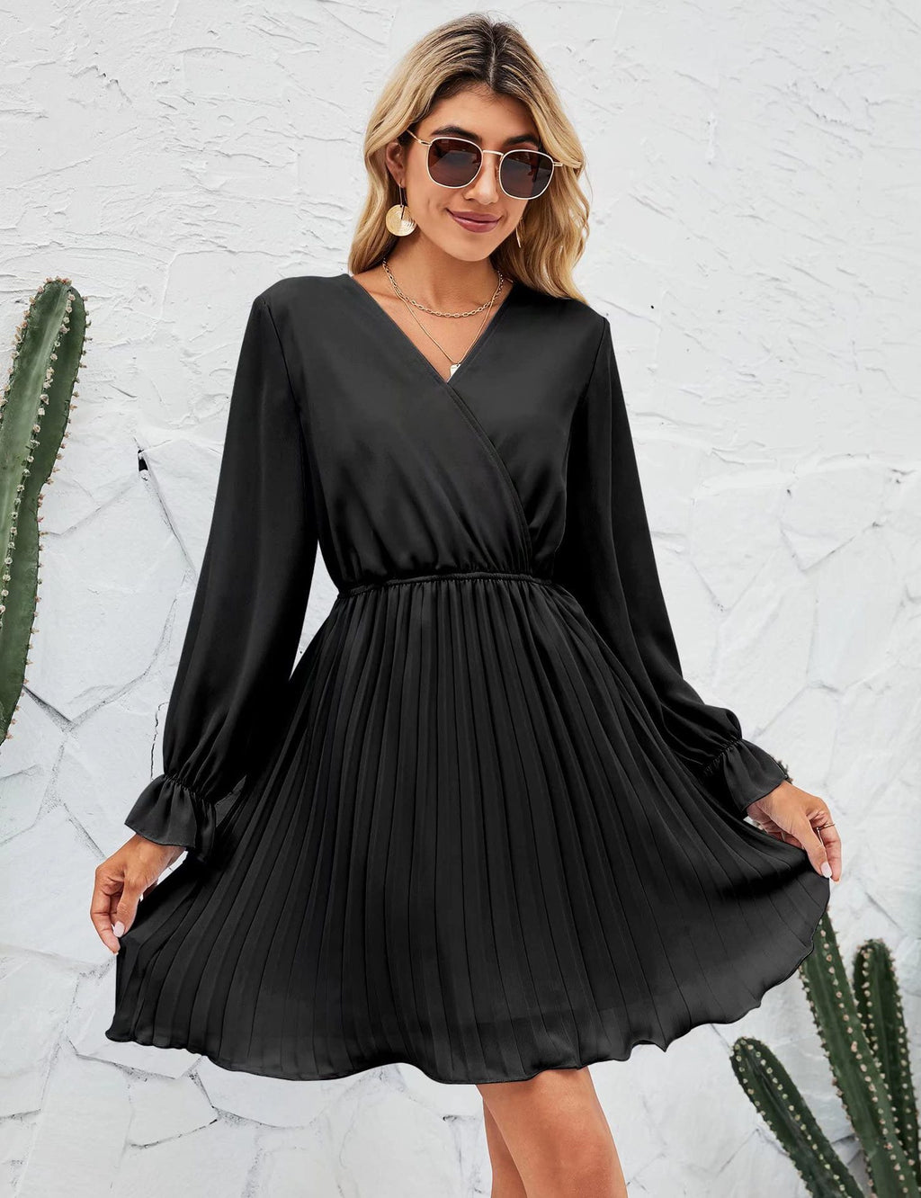 Wrap V-Neck Dress Casual Pleated Long Sleeve Mini Wedding