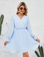 Wrap V-Neck Dress Casual Pleated Long Sleeve Mini Wedding