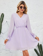 Wrap V-Neck Dress Casual Pleated Long Sleeve Mini Wedding